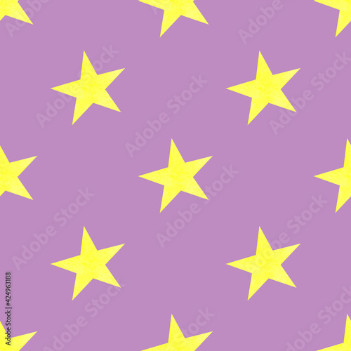 Seamless pattern with yellow stars. Cute baby design. Hand-drawn illustrations of yellow watercolor stars on a light purple background. For the design of fabric  wallpaper  and children s textiles.