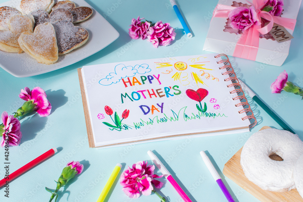 Mothers day card made by a child. Text Happy Mothers day. Mothers day card made by a child. Text Happy Mothers day.
