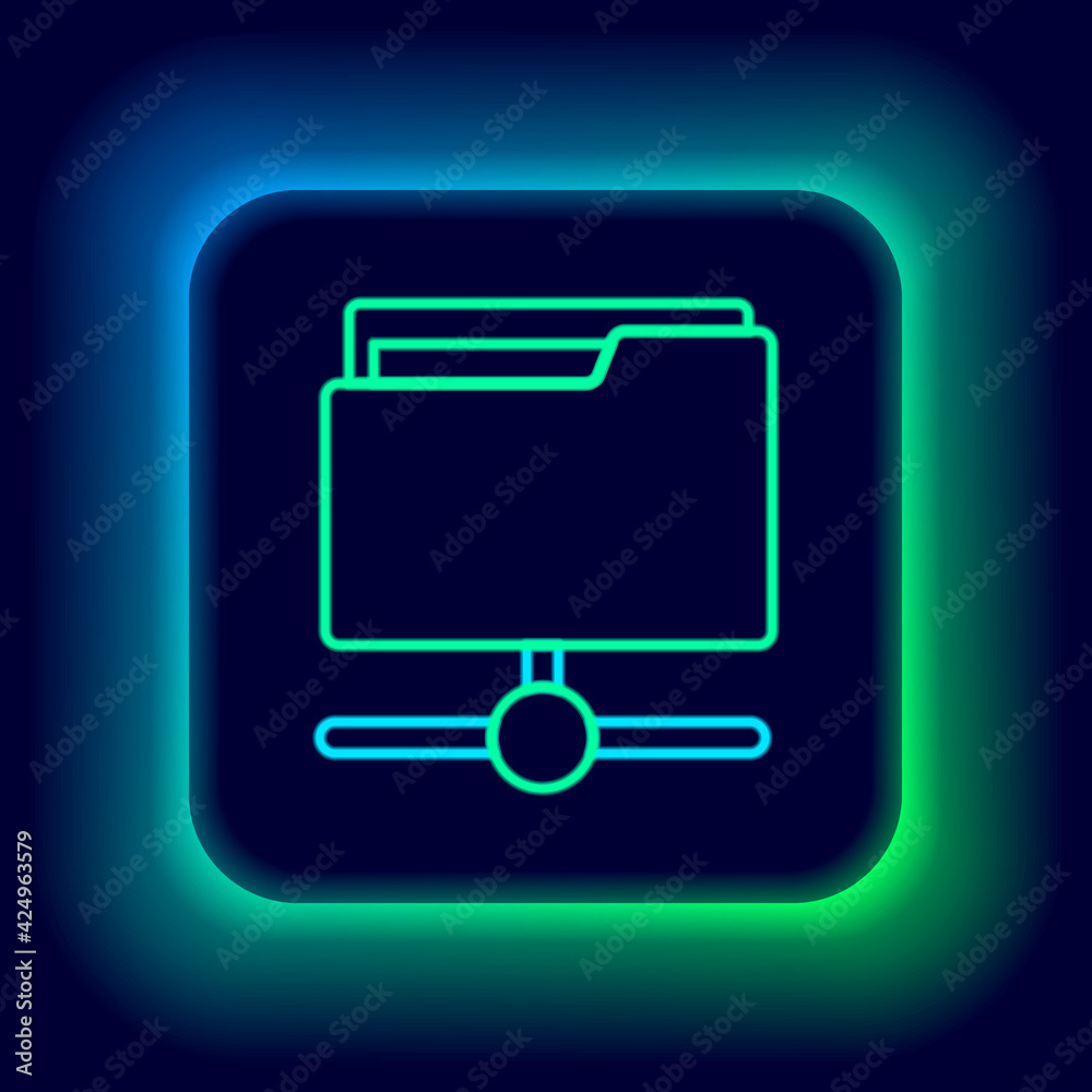 Glowing neon line FTP folder icon isolated on black background. Software update, transfer protocol, router, teamwork tool management, copy process, info. Colorful outline concept. Vector