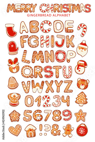 Christmas gingerbread cookies alphabet with figures. Biscuit letters, characters for xmas messages and design. Vector illustration with decorations.