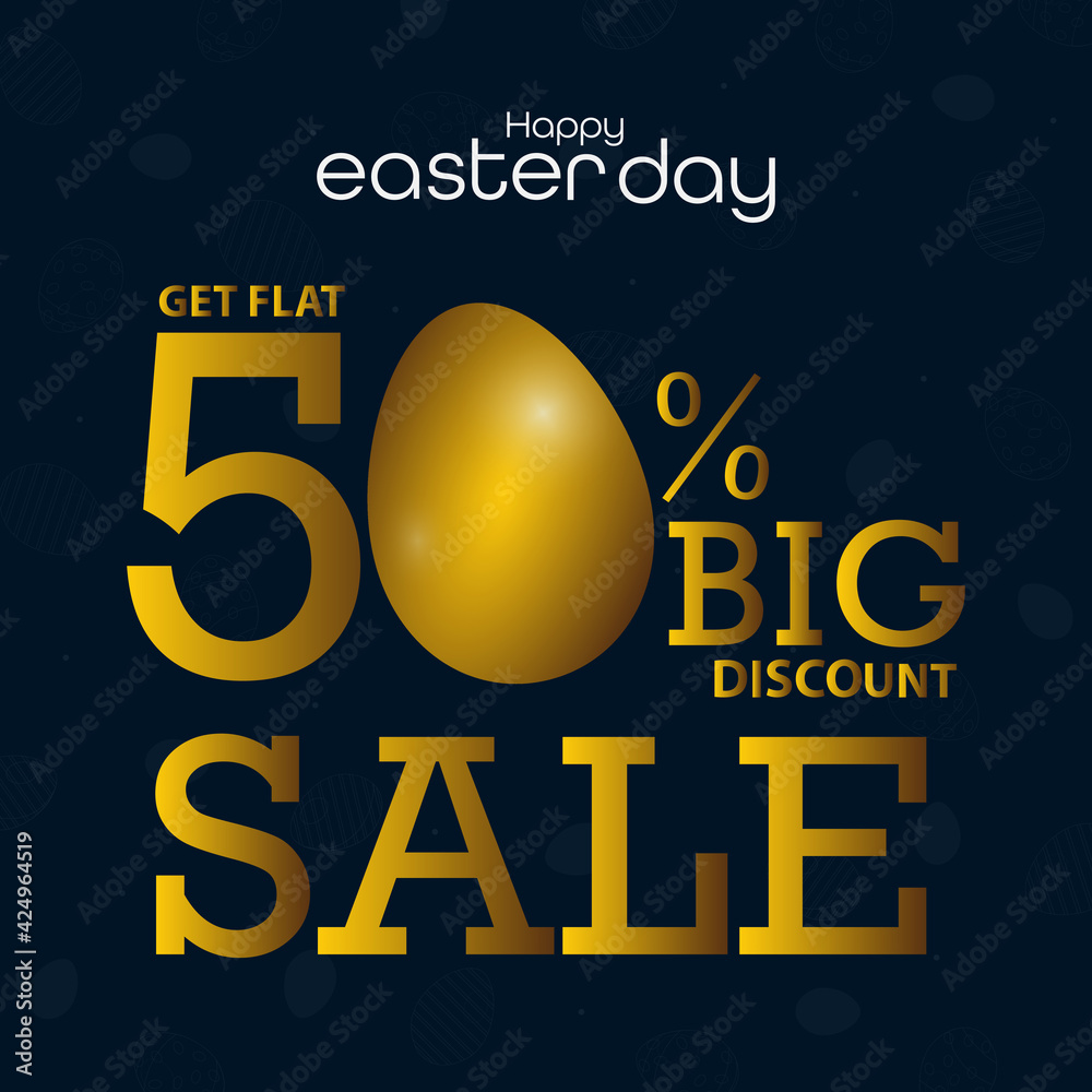 50% discount on Easter sales with Golden Eggs. Vector Holiday Design Template