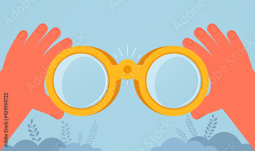 Hands with binoculars, looking into distance, vision perspective, goal achievement. Concept business development, growth and opportunity.