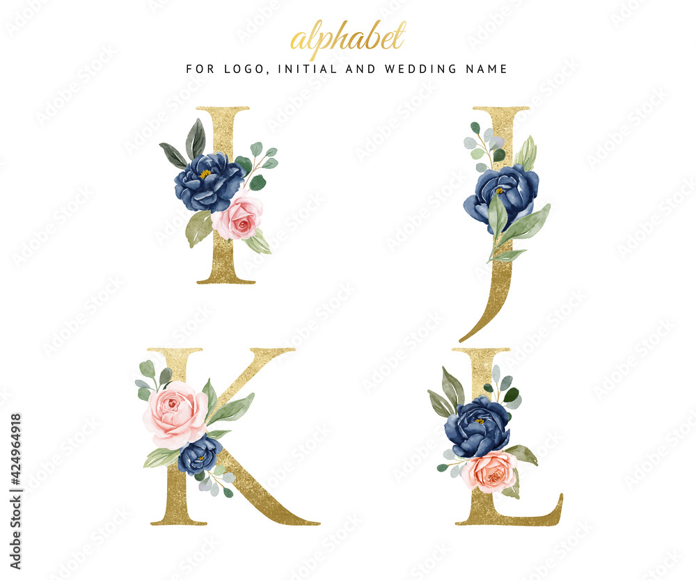 Fototapeta premium Watercolor floral gold alphabet set of i, j, k, l with navy and peach flowers . for logo, cards, branding, etc