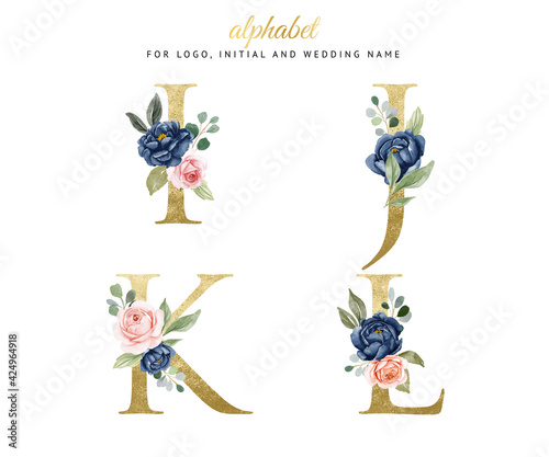 Watercolor floral gold alphabet set of i, j, k, l with navy and peach flowers . for logo, cards, branding, etc