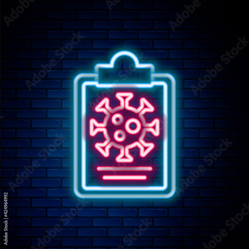 Glowing neon line Medical clipboard with blood test results icon isolated on brick wall background. Clinical record, medical check marks report. Colorful outline concept. Vector