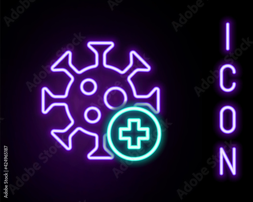 Glowing neon line Positive virus icon isolated on black background. Corona virus 2019-nCoV. Bacteria and germs, cell cancer, microbe, fungi. Colorful outline concept. Vector