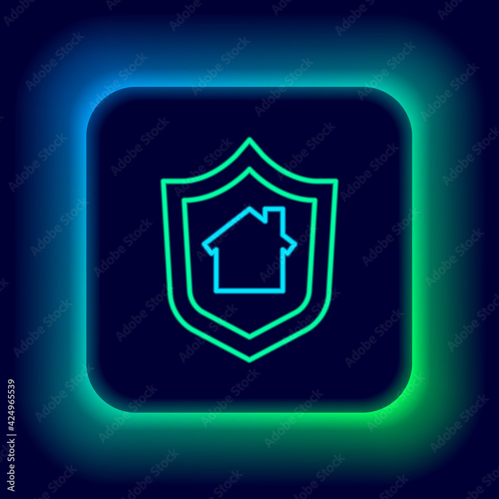 Glowing neon line House with shield icon isolated on black background. Insurance concept. Security, safety, protection, protect concept. Colorful outline concept. Vector