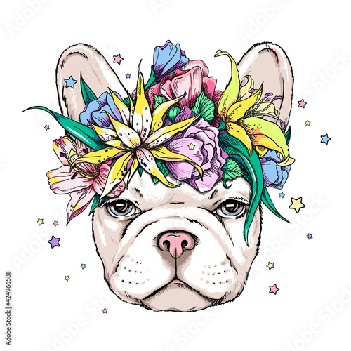 Cute french bulldog in floral wreath. Vector illustration in hand-drawn style. Image for printing on any surface