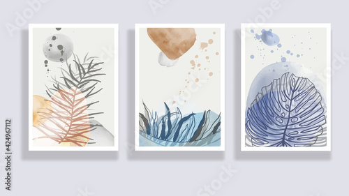 Trendy set of watercolor minimalist abstract illustrations. Minimal botanical wall art. Mid century modern graphic. Plant art design for social media, blog post, print, cover, wallpaper. Vector