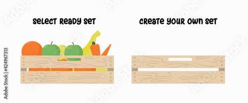 Fresh healthy grocery in wooden box isolated vector illustration.