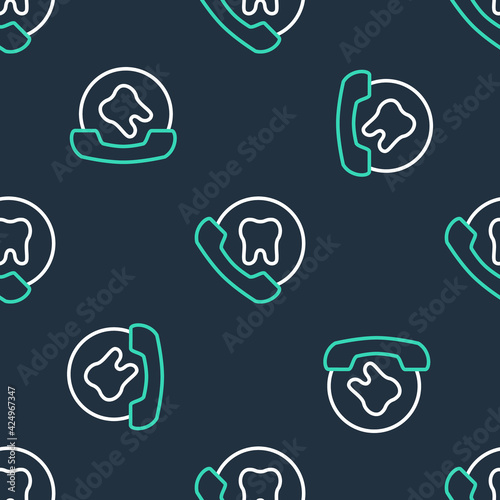 Line Online dental care icon isolated seamless pattern on black background. Dental service information call center. Vector
