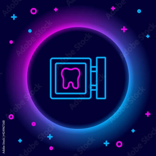 Glowing neon line Dental clinic location icon isolated on black background. Colorful outline concept. Vector