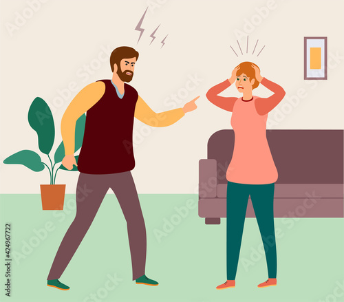 People shouting, quarrel illustration. Aggressive screaming characters. Screaming boy and girl, angry people. Angry girl and boy, man quarrel with woman. Husband and wife conflict illustration
