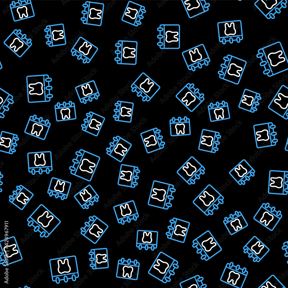 Line Calendar with tooth icon isolated seamless pattern on black background. International Dentist Day, March 6. March holiday calendar. Vector Line Calendar with tooth icon isolated seamless pattern on black background. International Dentist Day, March 6. March holiday calendar. Vector