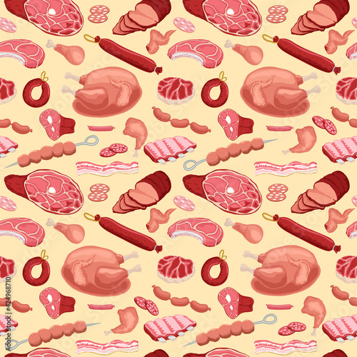 Meat seamless pattern. Meat products background for butcher shop design. Beef steaks, pork ribs, tenderloin, sliced bacon, Fresh meat sausage, salami, frankfurter, schnitzel, ham, chicken.