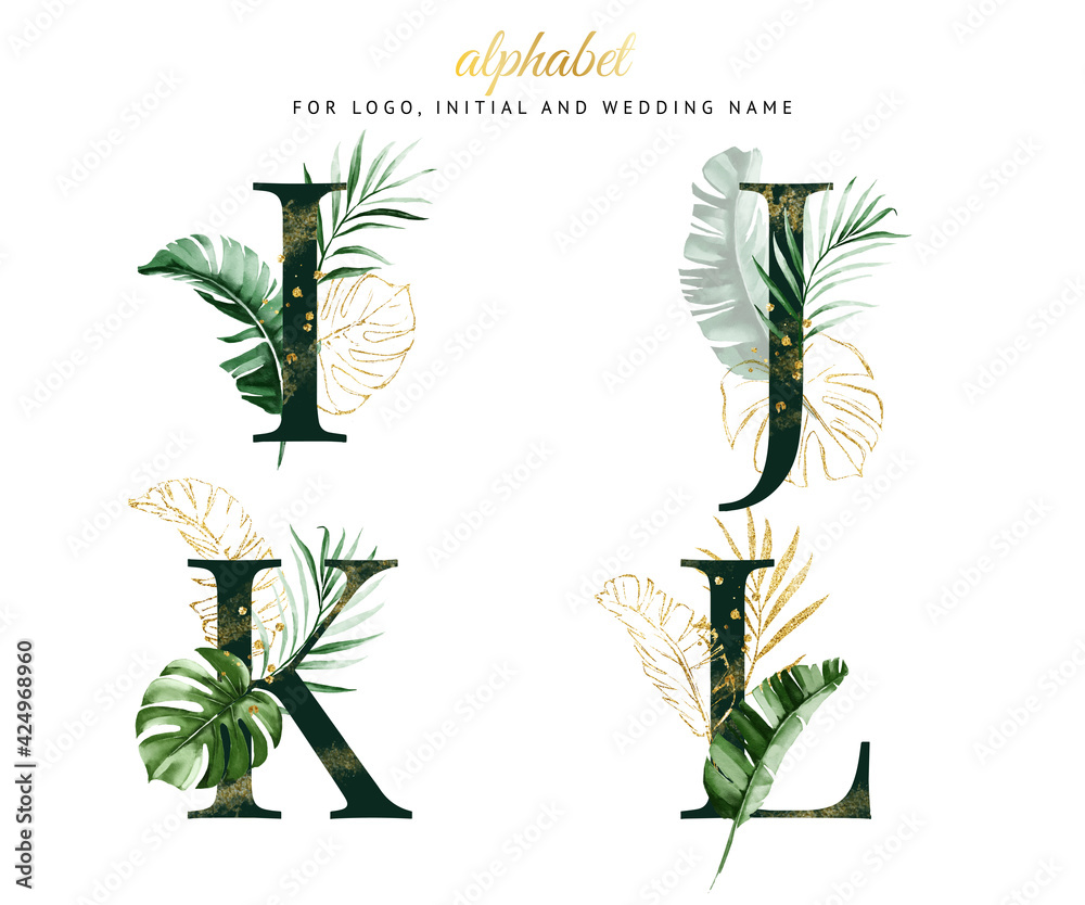 Watercolor alphabet set of i, j, k, l with green gold tropical leaves . for logo, cards, branding, etc