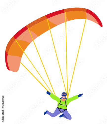 Skydiver flat vector character. Isolated. Leisurely parachutist isolated on white background, parachuting man in sky, parachute lifestyle leisure activity and people adventure