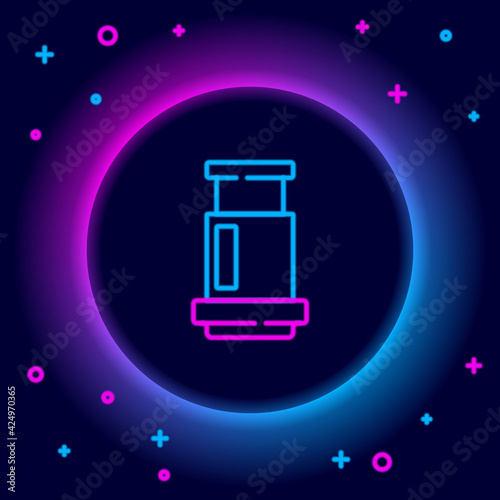 Glowing neon line Aeropress coffee method icon isolated on black background. Device for brewing coffee. Colorful outline concept. Vector