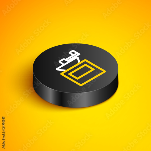 Isometric line Manual coffee grinder icon isolated on yellow background. Black circle button. Vector
