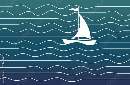 Ship waves illustration. Sea poster with ship and waves. Hand drawn. Sailing boat on the sea