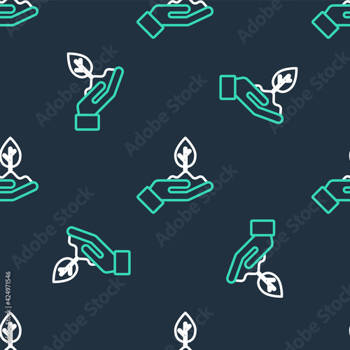 Line Plant in hand of environmental protection icon isolated seamless pattern on black background. Seed and seedling. Planting sapling. Vector