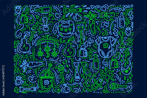Doodle pattern of children's toys and accessories. Isolated linear children's items for play and food. Cute color illustrations drawn by hand on a dark background. Vector illustration