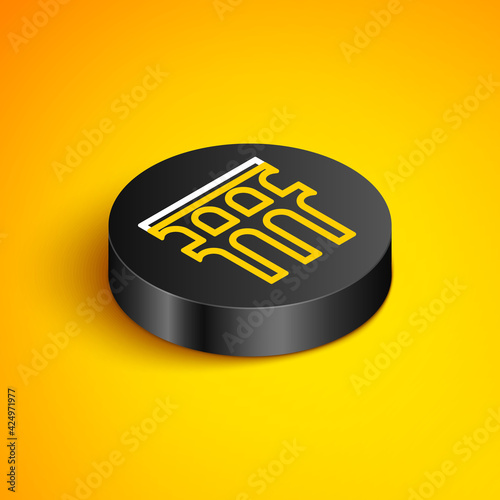 Isometric line Aqueduct of Segovia, Spain icon isolated on yellow background. Roman Aqueduct building. National symbol of Spain. Black circle button. Vector