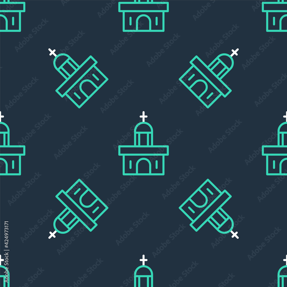 Line Church building icon isolated seamless pattern on black background. Christian Church. Religion of church. Vector