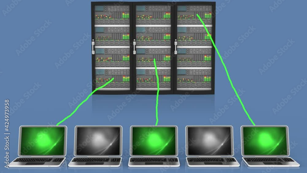Animazione illustrazione 3D. Server computer dati.. Connessione e archiviazione dati computer, applicazioni..