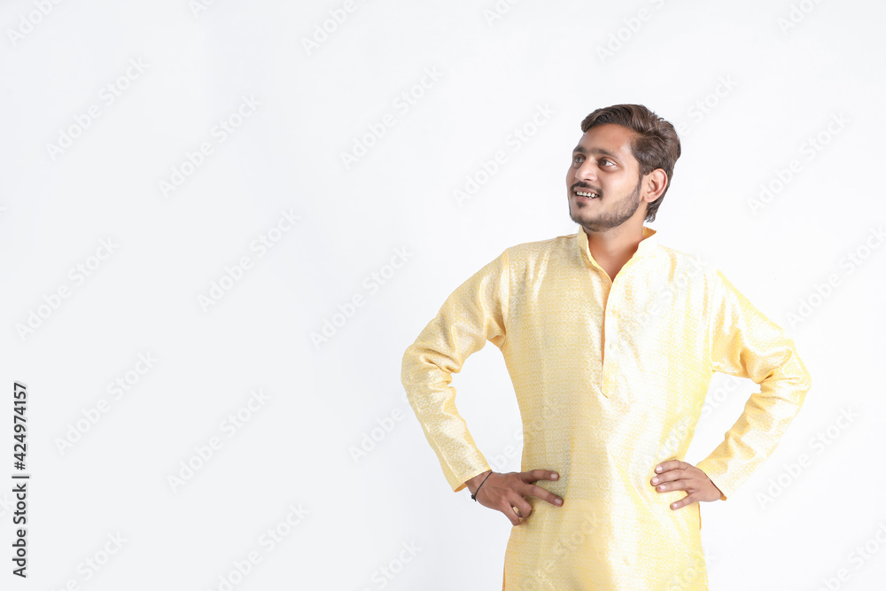Indian man in tradition wear and showing excited expression on white background. Indian man in tradition wear and showing excited expression on white background.
