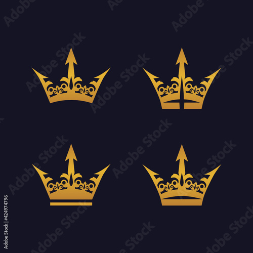 A set of golden royal crowns. Illustration of a set of golden royal crowns on a navy blue background