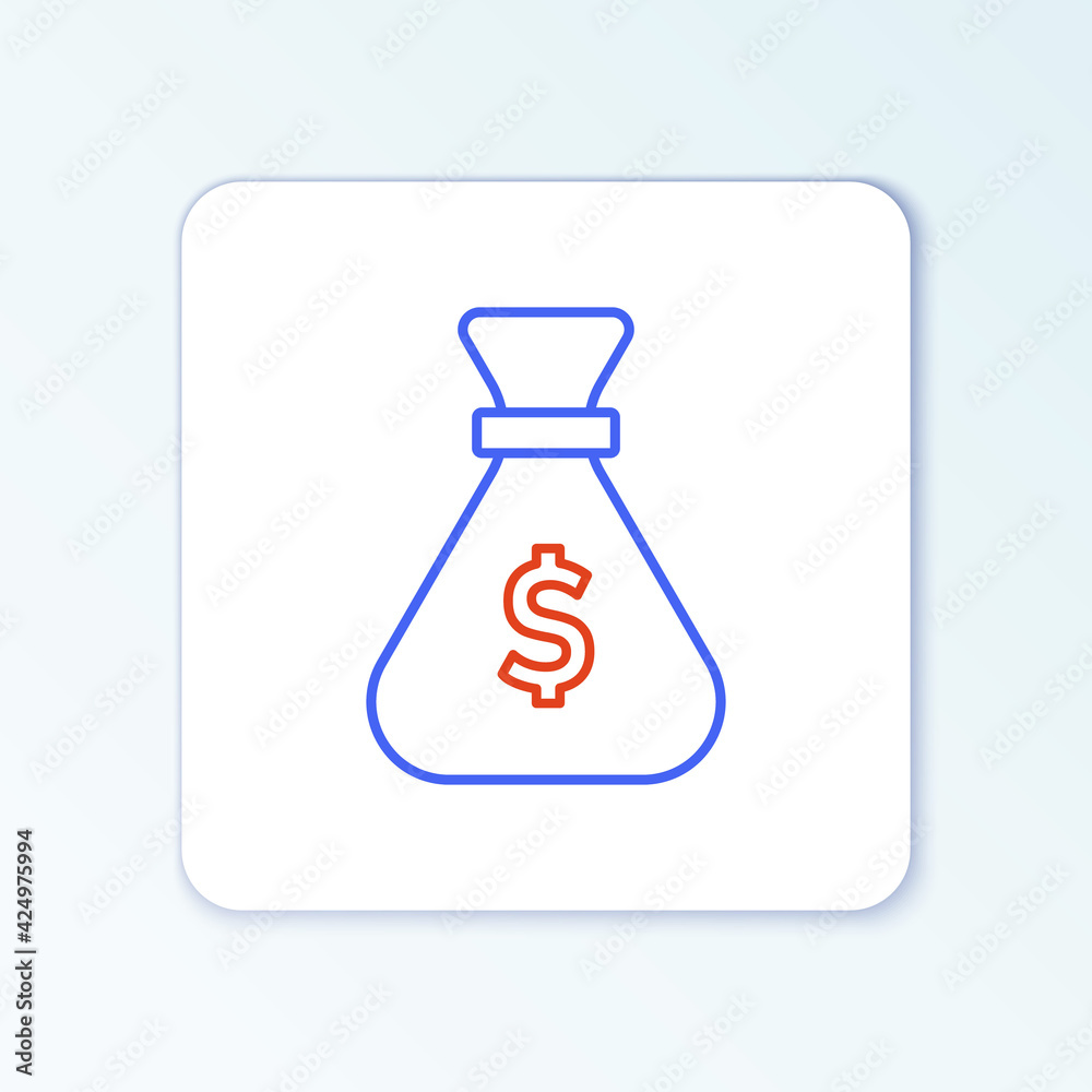 Line Money bag icon isolated on white background. Dollar or USD symbol. Cash Banking currency sign. Colorful outline concept. Vector Line Money bag icon isolated on white background. Dollar or USD symbol. Cash Banking currency sign. Colorful outline concept. Vector