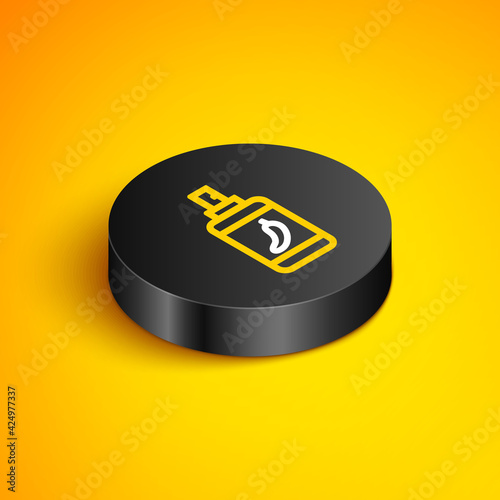 Isometric line Pepper spray icon isolated on yellow background. OC gas. Capsicum self defense aerosol. Black circle button. Vector