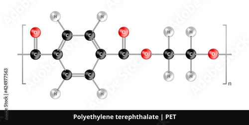 Vector ball-and-stick model of thermoplastic polymer polyethylene terephthalate PET used for plastic bottles. Polyester made from terephthalic acid and ethylene glycol. The icon is isolated on white.