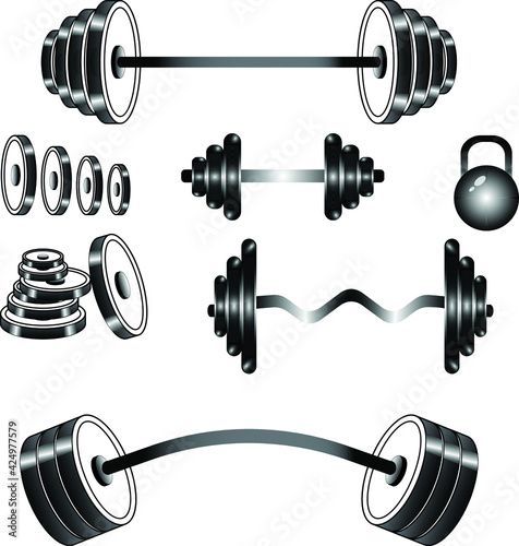 Set of fitness barbell vector isolated on white background, Weight discs Dumbbell Bars 