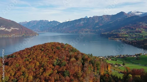 Aerial footage of the stunning lake Thun in Canton Bern with autumn colors in Switzerland near Spiez photo
