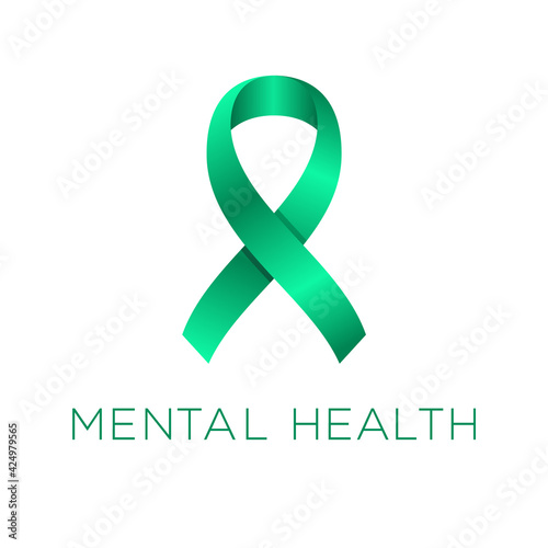 Mental health awareness ribbon. Shiny green satin bow. Mental health awareness month or day. Neurodiversity acceptance concept. Advocacy against social stigma. Vector illustration, flat, clip art photo