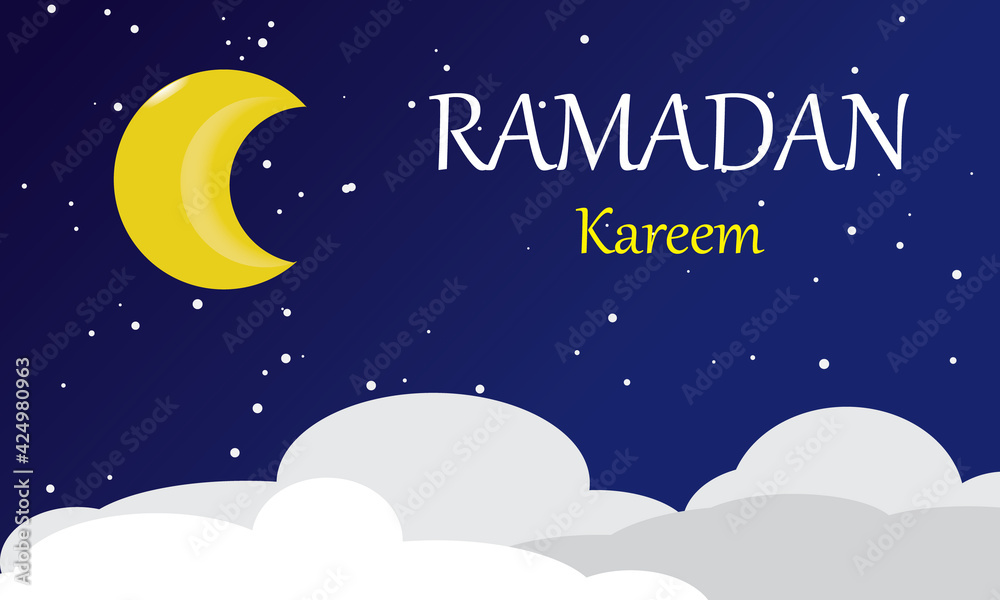 Naklejka premium Ramadan Kareem. Vector night view with crescent moon, stars, clouds and night background. Suitable for use as a background for Ramadan designs, banners, advertisements, and other things.