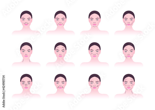 Face massage. Massage technique. Massage lines of the face and neck. Vector schematic image. Second part.