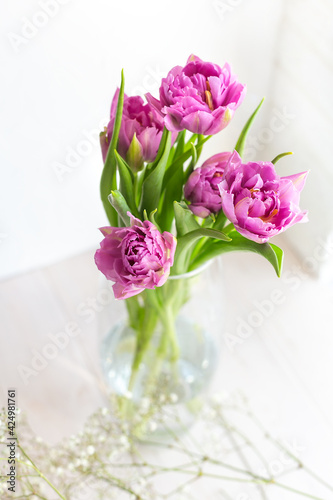 Romantic delicate bouquet of pink tulips in a glass vase on a light background. Greeting card for mother s day  march 8 or wedding. Floristics  flower shop. The freshness of a spring morning.