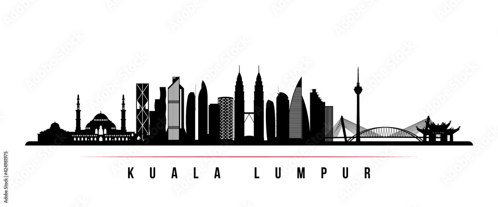 Obraz premium Kuala Lumpur skyline horizontal banner. Black and white silhouette of Kuala Lumpur, Malaysia. Vector template for your design.