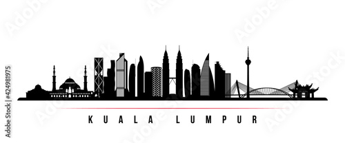 Kuala Lumpur skyline horizontal banner. Black and white silhouette of Kuala Lumpur, Malaysia. Vector template for your design.