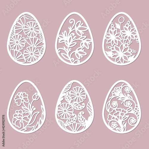 leaves, flowers, carved in egg. Vector illustration. Easter eggs for Easter holidays. Set of paper Easter egg stickers. Laser cut. Vector illustration. Pattern for the laser cut, plotter and screen pr