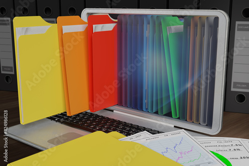 Computer con cartelle colorate per l'archiviazione di documenti. Database..