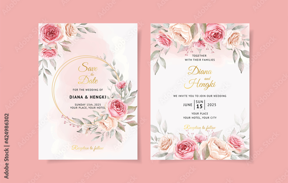Soft pink watercolor wedding invitation card with beautiful floral