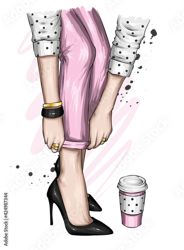 Women's legs in stylish jeans and high-heeled shoes. A glass of coffee. Fashion and style, clothing and accessories. Vector illustration for a postcard or poster.