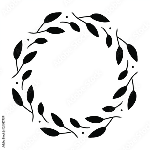 Vector hand drawn spring wreath isolated on white background. Silhouette circle of leaves. Doodle style. Floral frame.