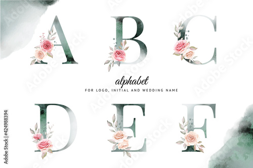 Watercolor alphabet set of a, b, c, d, e, f with beautiful floral . for logo, cards, branding, etc