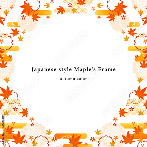 和風　紅葉の装飾フレーム（丸形）
