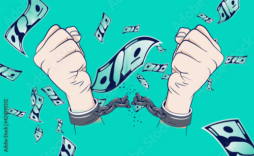 Breaking free to gain financial freedom - Two hands breaking handcuffs while money is flying in air. Vector illustration.